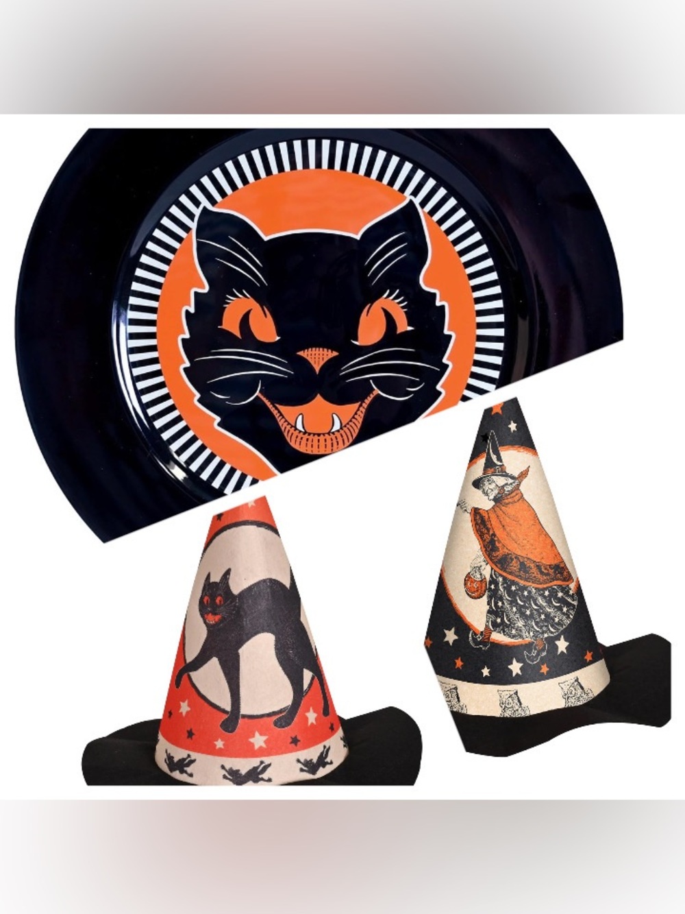 New Beistle Vintage Halloween Hats and Black Cat Platter